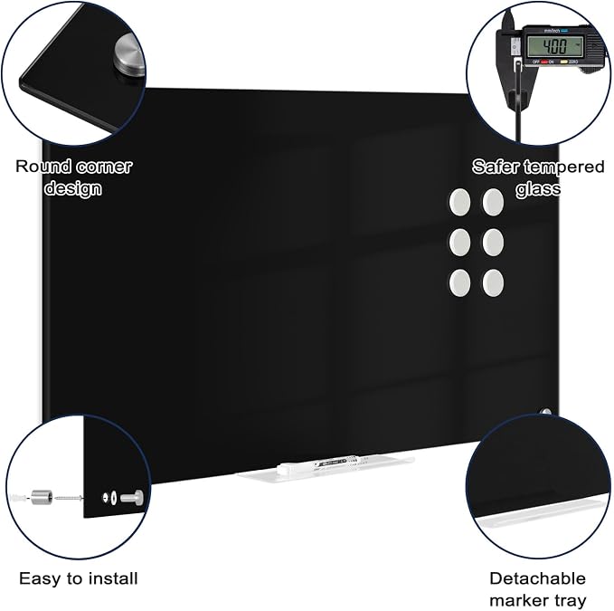 Magnetic Black Glass Dry Erase Board, 30" x 20", Frameless Wall Mount | Glass Whiteboard for Wall, Includes 1 Marker Tray and 6 Magnets, White Board for Office, Home, Classroom