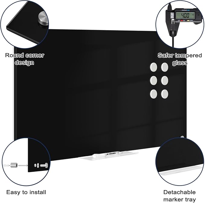 Magnetic Black Glass Dry Erase Board, 36" x 24", Frameless Wall Mount | Glass Whiteboard for Wall, Includes 1 Marker Tray and 6 Magnets, White Board for Office, Home, Classroom