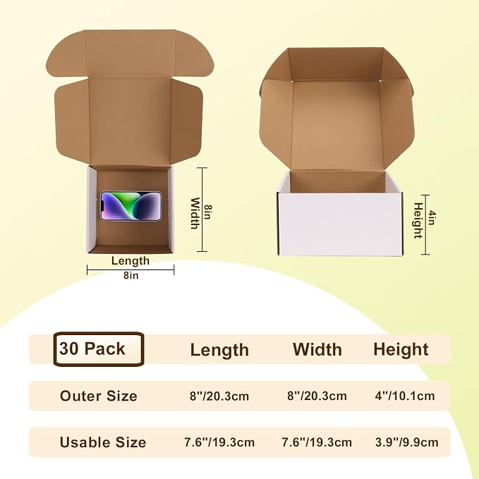 WIFTREY 8x8x4 Shipping Boxes 30 Pack, White Packing Box for Small Business, 8 x 8 x 4 Corrugated Cardboard Boxes for Mailing, Mailing, Shipping