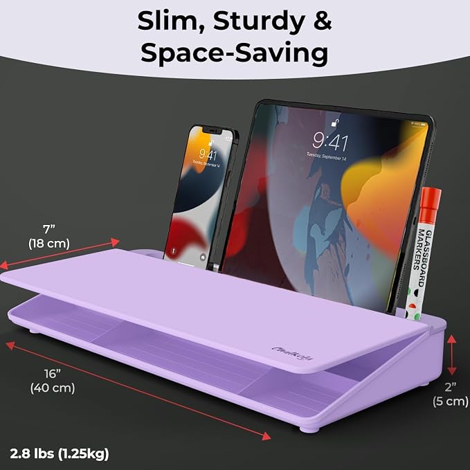 Chalkola Lavender Glass Desktop Whiteboard with Storage + 3 Markers | Dry Erase Board, Work Desk Organizers, Computer Keyboard Stand, Home Office Supplies for Women, Accessories, Workspace Buddy