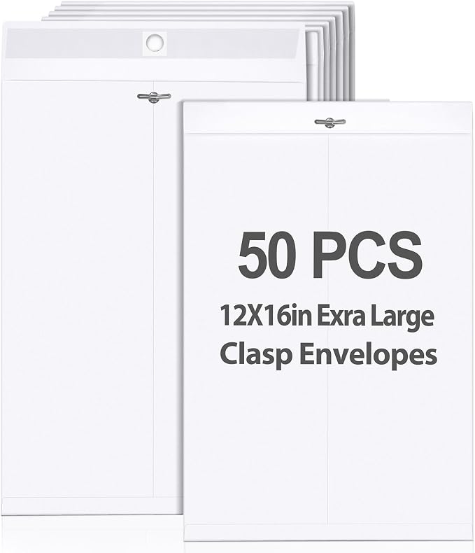 Geyee 50 Pcs 12 x 16 Inch Clasp Envelopes Letter Size Mailing Envelopes with Clasp Closure for Filing Storing Documents Office Home Business School (White)