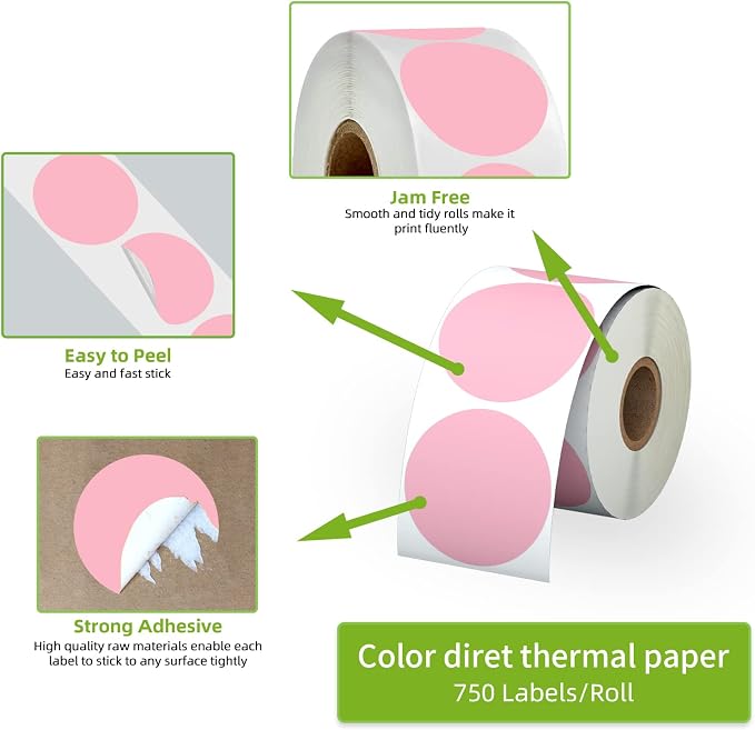 2" Pink Circle Direct Thermal Labels, Self-Adhesive Round Direct Thermal Stickers, Multi-Purpose Roll Sticker Labels for DIY Logo Brand Design, QR Code, Name Tag(1 Roll, 750 Labels)