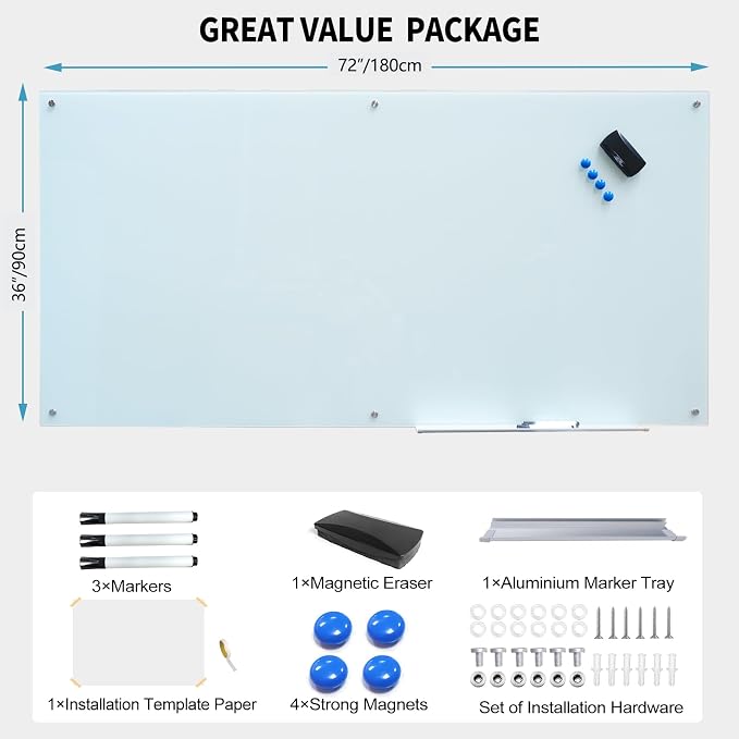 Magnetic Glass Writeboard Tempered Glass Dry Erase Boards Wall Mounted Frameless Whiteboard Bulletin Message Boards (White, 72" Wx36 H)