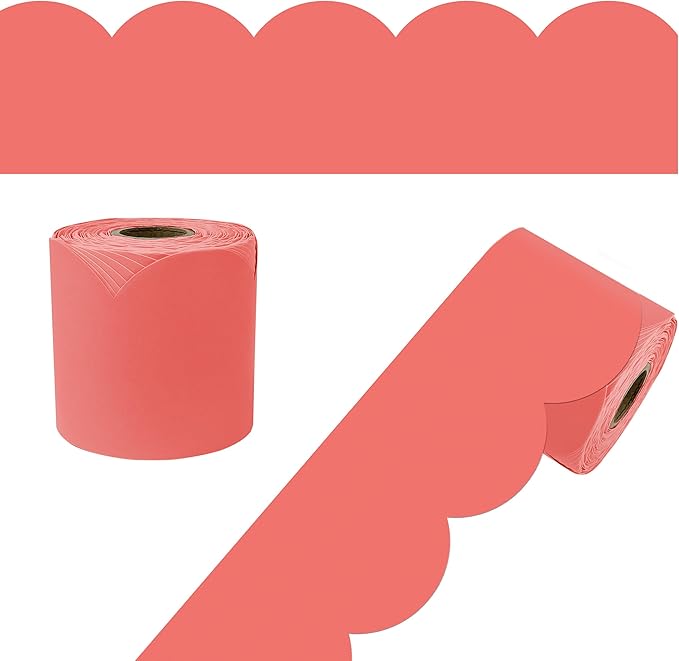 Carson Dellosa 65Ft of Salmon Pink Bulletin Board Borders, 1 Roll of Scalloped Trim for Rolling Whiteboard, Cork and Posterboard, Party, Spring Decorations, and Classroom Decor