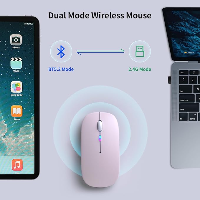 Wireless Bluetooth Mouse – Rechargeable, Silent, Dual Mode (Bluetooth 5.2 & USB) with LED Lights – Portable for Laptop, Desktop, & Tablet(Pink)