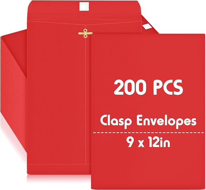 Geyee 200 Pcs Clasp Manilla Envelopes 9 x 12 Inch Gummed Colored Envelopes for Storing or Mailing for Home Office Business Supplies (Red)