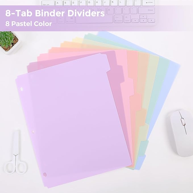 SKYDUE 8 Tab Write & Erase Durable Plastic Dividers for 3 Ring Binders | Binder Dividers for Letter Size, Aesthetic Pastels Binder Divider Organizers for Student, Teacher, Office, 1 Set