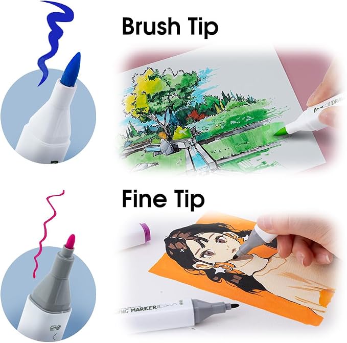 TRANSON Alcohol Markers for Drawing Coloring 24 Colors Dual-tip Fine and Brush Tips