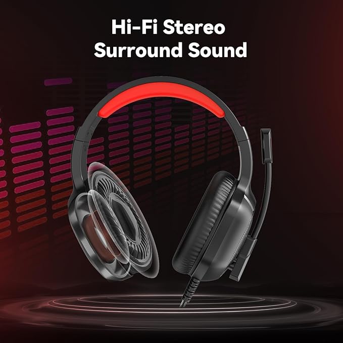Gaming Headset with Microphone for Pc, Xbox One Series X/s, Ps4, Ps5, Switch, Stereo Wired Noise Cancelling Over-Ear Headphones with Mic, RGB, for Computer, Laptop, Mac, Nintendo (Red)