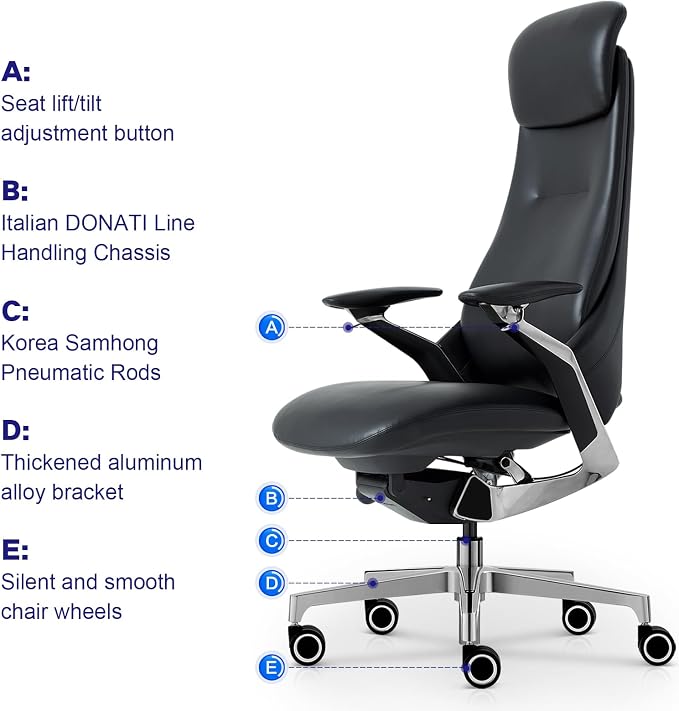 Genuine Leather Executive Office Chair，Top-Grain Cowhide, Ergonomic Design | Adjustable seat and headrest heights, 3-position recline (lockable)—suitable for home offices and high-end office settings.