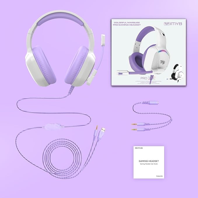 Gaming Headset with Microphone for Pc, Xbox One Series X/s, Ps4, Ps5, Switch, Stereo Wired Noise Cancelling Over-Ear Headphones with Mic, RGB, for Computer, Laptop, Mac, Nintendo (Purple)