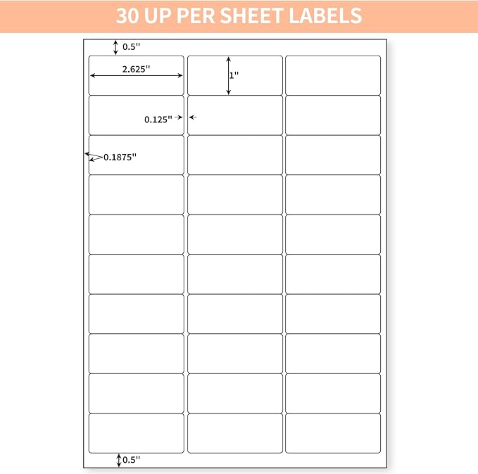 30 UP 6000 Stickers 200 Sheets 1" x 2-5/8" Shipping Return Address Labels for Laser Inkjet Printer, White Blank Mailing Labels