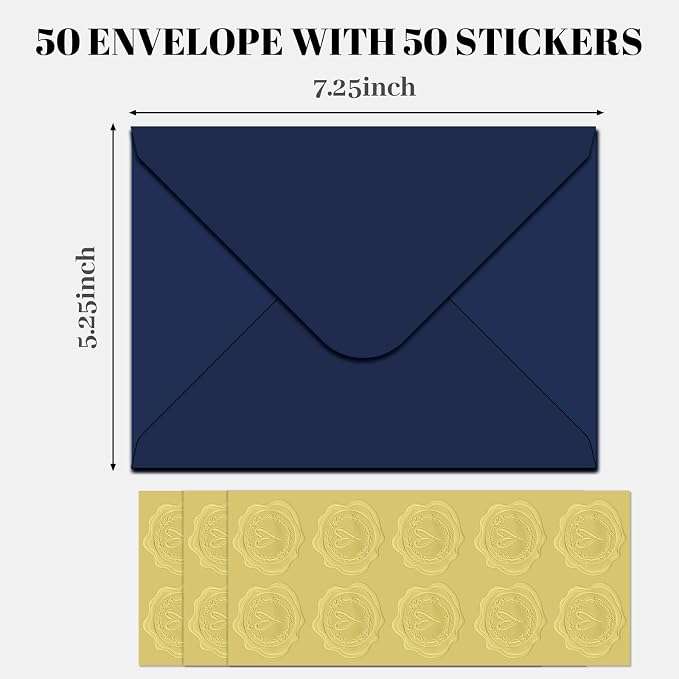 5x7 Envelopes With Golden Stickers (50, Blue, A7) | A7 Envelope for Invitations,envelope for 5x7 cards,Self Seal for Postcards, Greeting Cards, Mailing，Wedding