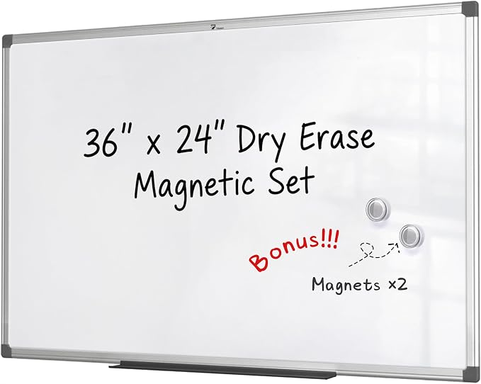 TOWON Magnetic Dry Erase Whiteboard 36x24 in, 3x2 ft, Silver Aluminum | Large white board for wall with marker tray and 2 magnets, for office, classroom and home