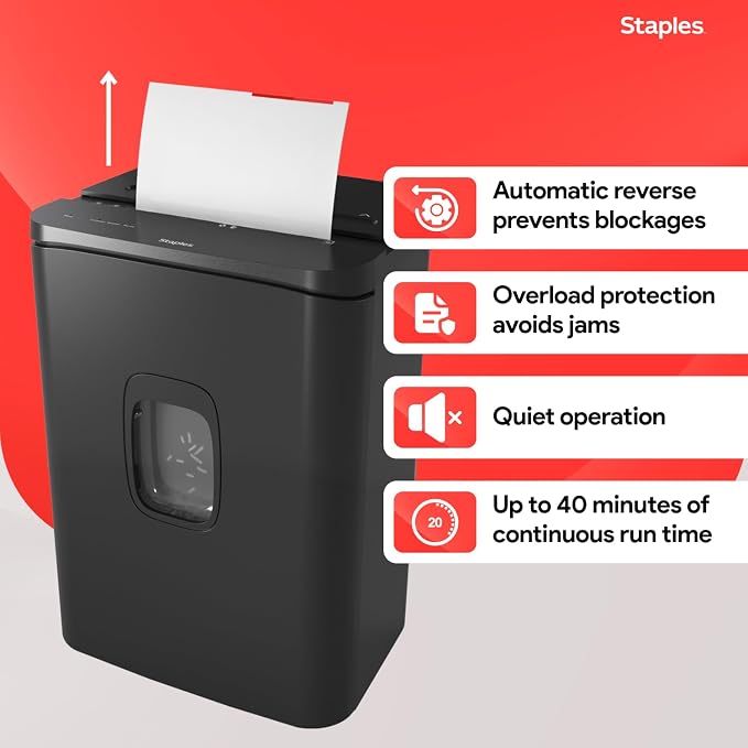 Staples 24-Sheet Cross-Cut Paper Shredder, High-Capacity, Black | Shreds paper, credit cards, and CDs into a 7.4-gallon bin for office use.