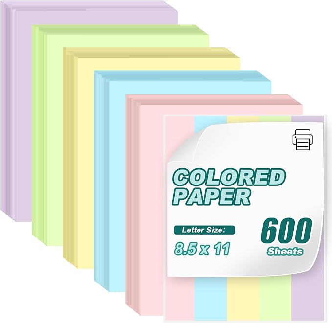 600 Sheets Colored Copy Paper 8.5" x 11", 5 Assorted Colored Printer Paper | Letter Size 80GSM Colored Paper for Printing, DIY Project, School&Office, Purple,Pink,Blue,Yellow,Green, 120 Sheets Per Color