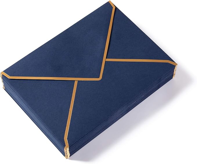 50 Pack A6 Envelopes Navy Blue 4x6 with Gold Border, 4.75x6.5 | Self-Adhesive, V Flap, For Wedding, Graduation, Baby Shower, Parties, Invitations