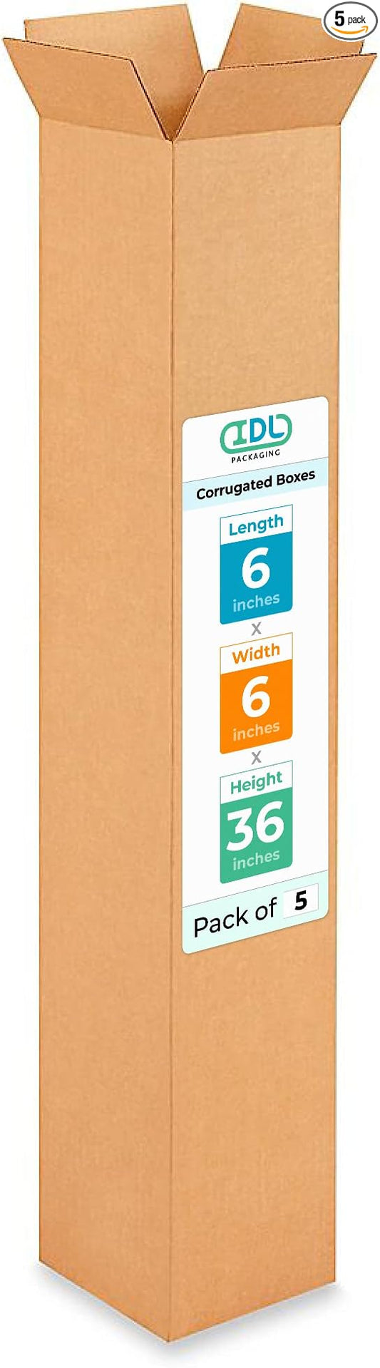 Tall Moving & Shipping Boxes 6 x 6 x 36 inches (5-Pack) - Extra Strength 200 lb vs Regular - USA-Made Corrugated Cardboard Boxes for USPS/UPS/FEDEX - Durable Tall Moving Box by IDL Packaging