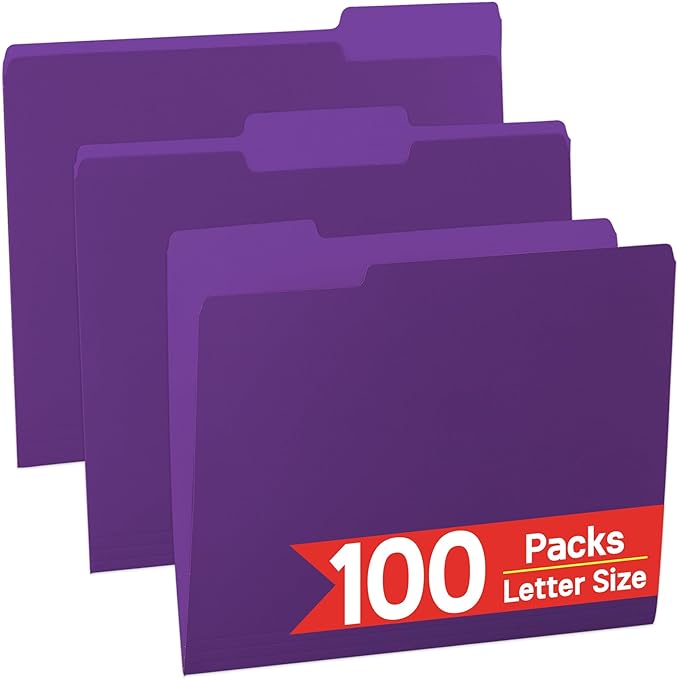 100 Packs Purple File Folder,1/3-Cut Tabs,Manilla File Folders Letter Size,8.5x11 Paper File Folders for Office Filing,School Projects and Home,Organizer Documents