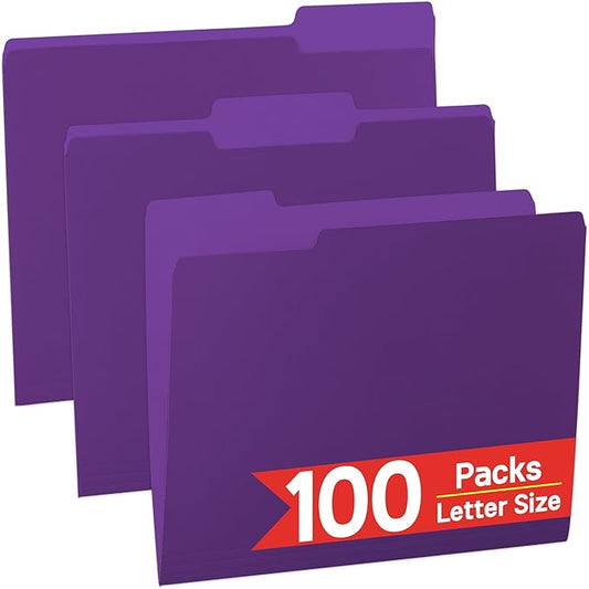 100 Packs Purple File Folder,1/3-Cut Tabs,Manilla File Folders Letter Size,8.5x11 Paper File Folders for Office Filing,School Projects and Home,Organizer Documents