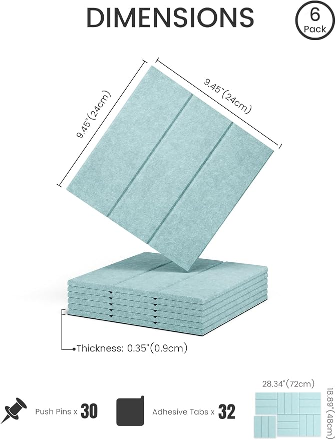28" x 18" Cork Board Alternative, Bold Stripe, Teal Blue | 6-Pack Felt Pin Board Tiles, 30 Adhesive Tabs, Custom Wall Layout, Photo Display, Memo Board, Office, Classroom, Dorm