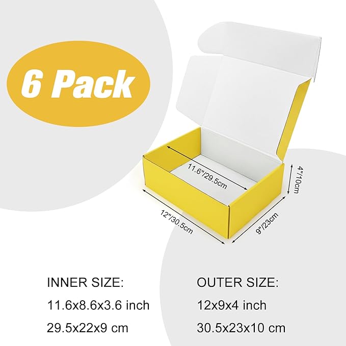 12x9x4 inch Shipping Boxes Set of 6 Yellow, Inner Size 11.6x8.6x3.6 inch Cardboard Box Mailers for Small Business Packaging Mailing or Gift Wrapping Giving