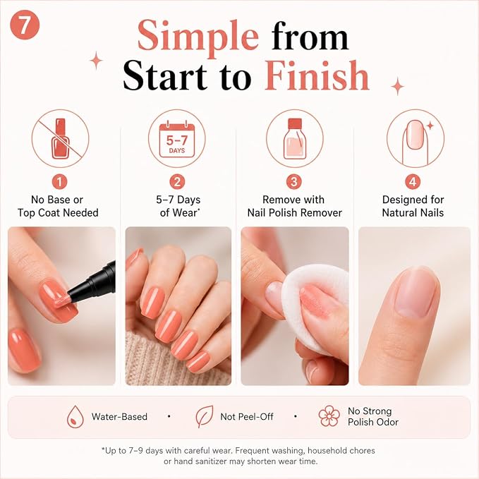 Nail Polish Pens 6 Colors, Quick Dry Water Based Nail Polish Set | Nail Polish Pens Quick Dry No UV Light Needed, Fast 60s Drying for Travel Office & Date, Basic Tones, 6 Pc