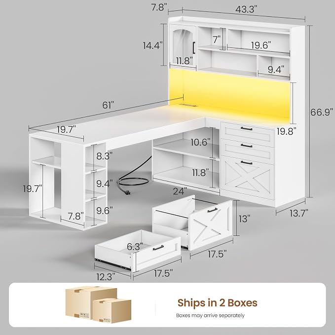 SEDETA Farmhouse 61” L Shaped Office Desk with Drawers, Storage Shelves | Computer Desk with Storage Shelves and Power Outlet, Corner Gaming Desk with LED Light and Display Cabinet for Home Office