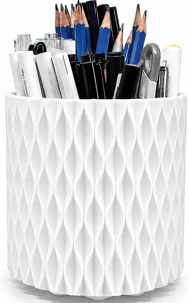 Lebenrich Rotating Pen Holder for Desk, 5 Slots Easthetic Pencil holder Desk Organizer Supplies and Accessories for Women Girls, Pencil Cup for Office Home Art Supply, White
