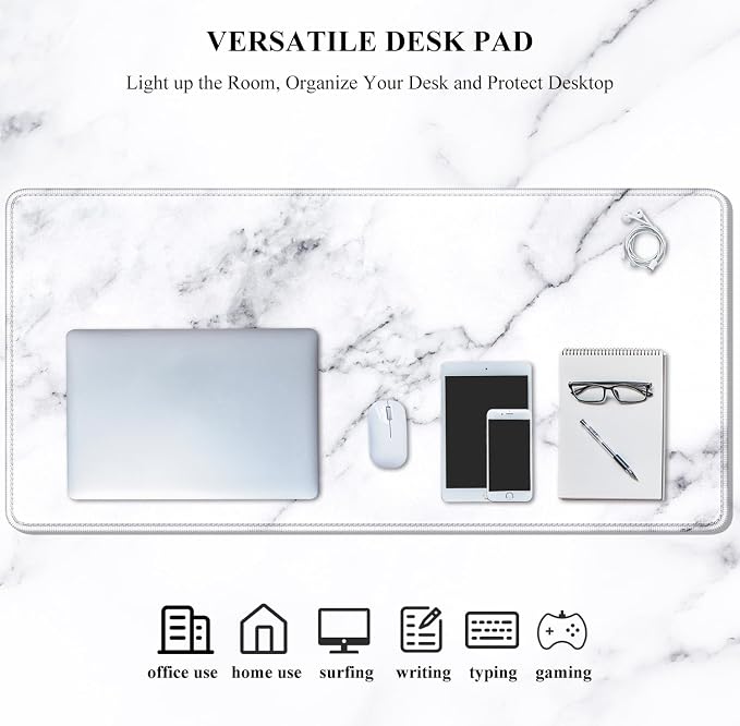 Auhoahsil Large Mouse Pad, XXL Gaming Mousepad, Desk Mat for Desktop, Thick Rubber, Big & Long Size, Stitched Edges, Full Desk Pad for Laptop & Computer, Extended 31.5 x 11.8 in, White Marble