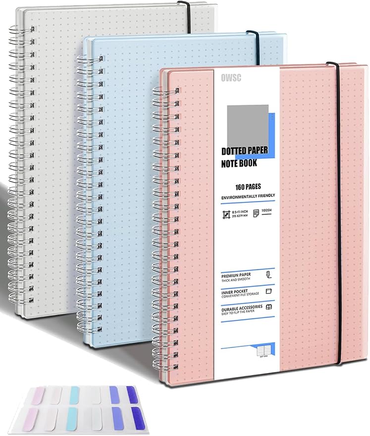 OWSC 3 Pack Dotted Spiral Notebook, Hardcover Notebooks for Work A4 Dot | 5.9 x 8.3 IN Notebooks College Ruled for Note Taking, School and Journal with 80 Sheets/160 Pages 110 GSM Thick Papers