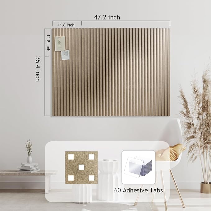 48" x 36" Large Felt Bulletin Board 1/2" Thick, Tan | 12 Pack Felt Tiles, Cork Board Alternative, 60 Adhesive Tabs, Pin Board for Home Office Decor with Easy Install