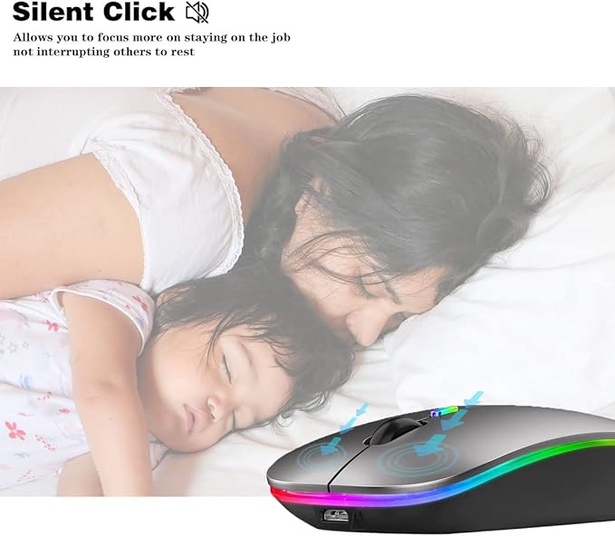 Wireless Bluetooth Mouse Rechargeable Laptop Mice with LED Lights Silent Slim Use(BT5.2 and 2.4G Portable USB) Dual Mode Computer Mouse for Laptop/iPad/Tablet/Apple/Computer/Mac (Grey)