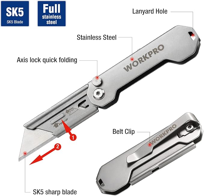 WORKPRO EDC Folding Utility Knife, Mini Box Cutter with Quick Open Axis Lock, Quick Change Blade Razor Knife, Foldable Small Pocket Knife with Belt Clip
