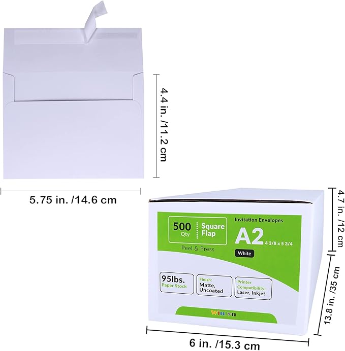 500 Pcs Bulk A2 Invitation Envelopes in White Peel & Press Self Seal 4 3/8 x 5 3/4 Square Flap Envelopes RSVP Return Envelopes 95lb. for Announcement Mailing 4x5 Greeting Cards Photo 1/4 Fold Cards