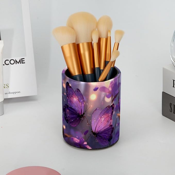 Leather Pen Holder for Desk, Purple Butterfly Pencil Cup Pen Organizer Makeup Brush Holder for Office Home Kids Countertop Desk Accessory Storage