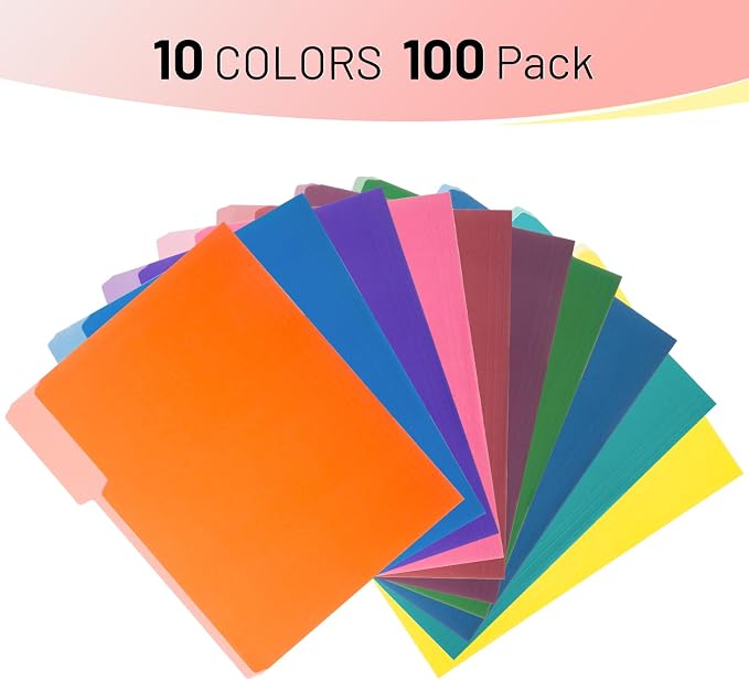 Comix Colored File Folders,100 Pack Manila Folders, Letter Size 8.5" x 11", 1/3-Cut Tabs, Assorted 10 Colors, Colored File Folders for Office, School & Business Organization