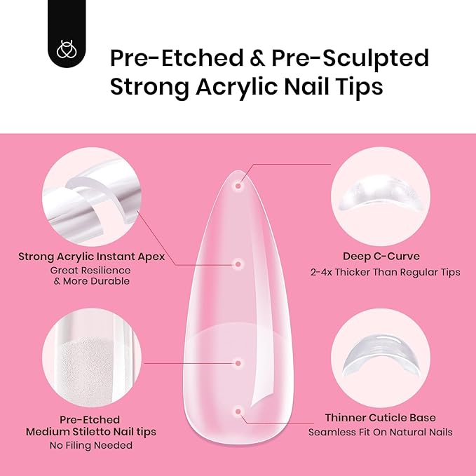 Beetles Tipex Instant Apex Nail Tips Kit, Medium Stiletto, 224 Pcs 16 Sizes Pre-Building Pre-Etched False Nail Tips with Tipex Nail Glue, Mini Nail Lamp