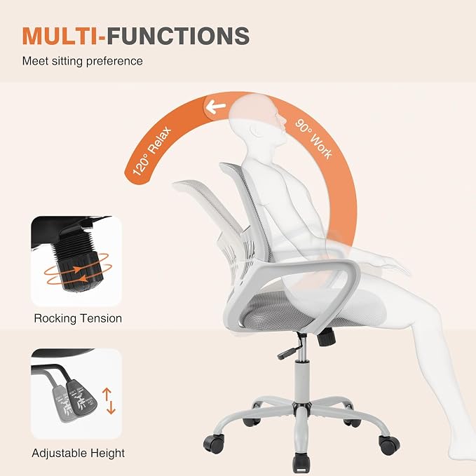 Sweetcrispy Computer Desk Chair, Mesh Office Chair, Lumbar Support, Grey | Ergonomic Mid-Back, Adjustable Height, 360° Swivel Wheels, Comfy Arms, Bedroom Study, Managerial Executive