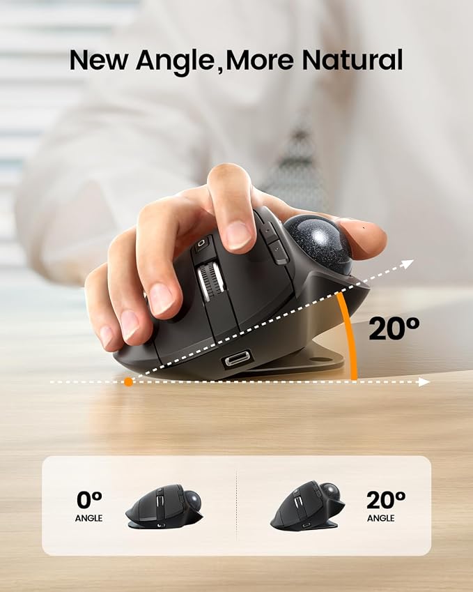 ProtoArc EM01 NL Wireless Trackball Mouse, Rechargeable Thumb Control, Gray | 0/20° Adjustable Angle to Reduce Fatigue, Triple-Device Bluetooth & 2.4G USB-A for Office Use, Silent Click, Easy to Clean