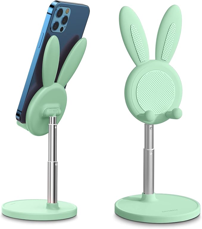 OATSBASF Cute Cell Phone Stand, Adjustable Bunny Phone Stand for Desk, Thick Case Friendly Holder Compatible with iPhone, Kindle, iPad, Switch, All Phones (Green) | Weighted Base Kawaii Desk Accessories, Aesthetic Room Decor Gift for Women/Girls/Kids, ...