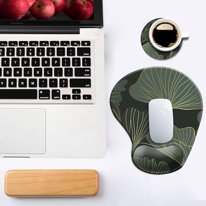DOOKE Ergonomic Mouse Pad with Wrist Support and Coaster,Mouse Pads with Non-Slip PU Base for Home Office Working Studying Easy Typing & Pain Relief Green Leaf