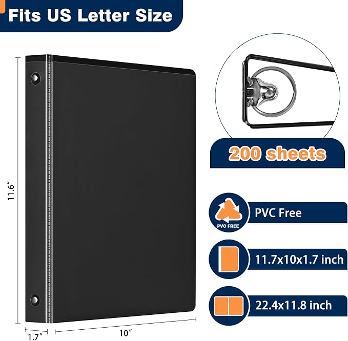 SUIN 1-inch 3 Ring Binder with Durable -Premium 1'' Binders with 3 Roung Ring, Large 200 Sheet Capacity, Fit 8.5" x 11" US Letter Size Paper (1'' -Black 12 Packs)