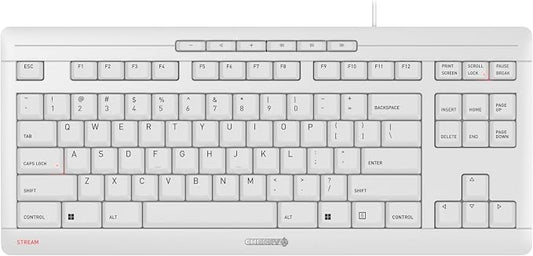 Cherry Stream Keyboard TKL, Wired Keyboard Without Number Pad, Whisper Quiet Keys, Unique Typing Feel, Slim Design, SX Scissor Switches, QWERTY, White-Gray