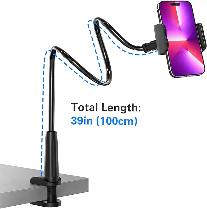 Gooseneck Phone Holder for Bed, 39inch Flexible Long Arm Overhead Cell Phone Mount for Desk, Hands-Free Viewing Clamp Stand Compatible with iPhone 17 16 15 Pro Max and 3.5-7" Devices