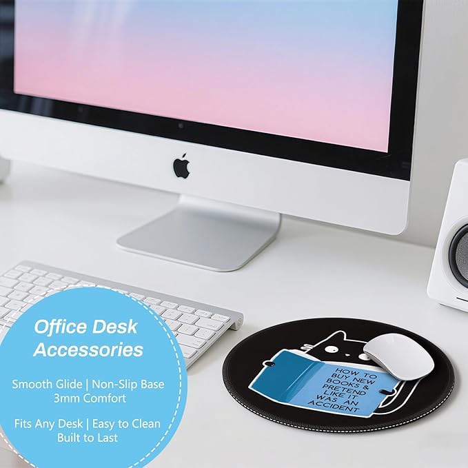 Gctriki Cute Cat Reading Mouse Pad, 8.6" Round Funny Mousepad with Stitched Edge & Non-Slip Base, Comfortable Mouse Pads for Computer Laptop, Unique Office Decor & Home Desk Accessories Book Lovers