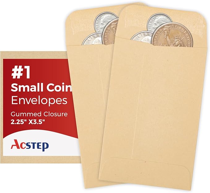 ACSTEP 100 Pack #1 Paper Kraft Seeds Envelopes 2-1/4 X3-1/2, Small Coin Envelope 2x3 For Key, Tip, Seeds Packets, Self Adhesive Water Glummed Mini Tiny Envelopes