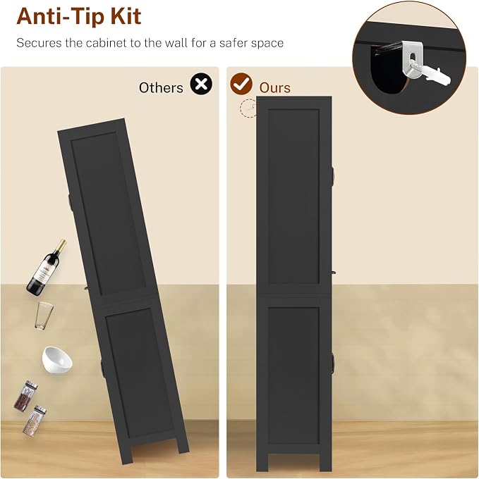 Tall Storage Cabinet with 2 Adjustable Shelves & 1 Large Drawer, Kitchen Pantry Cabinet with 4 Doors, Bathroom Storage Cabinets, for Living Room, Kitchen, Bathroom, Black