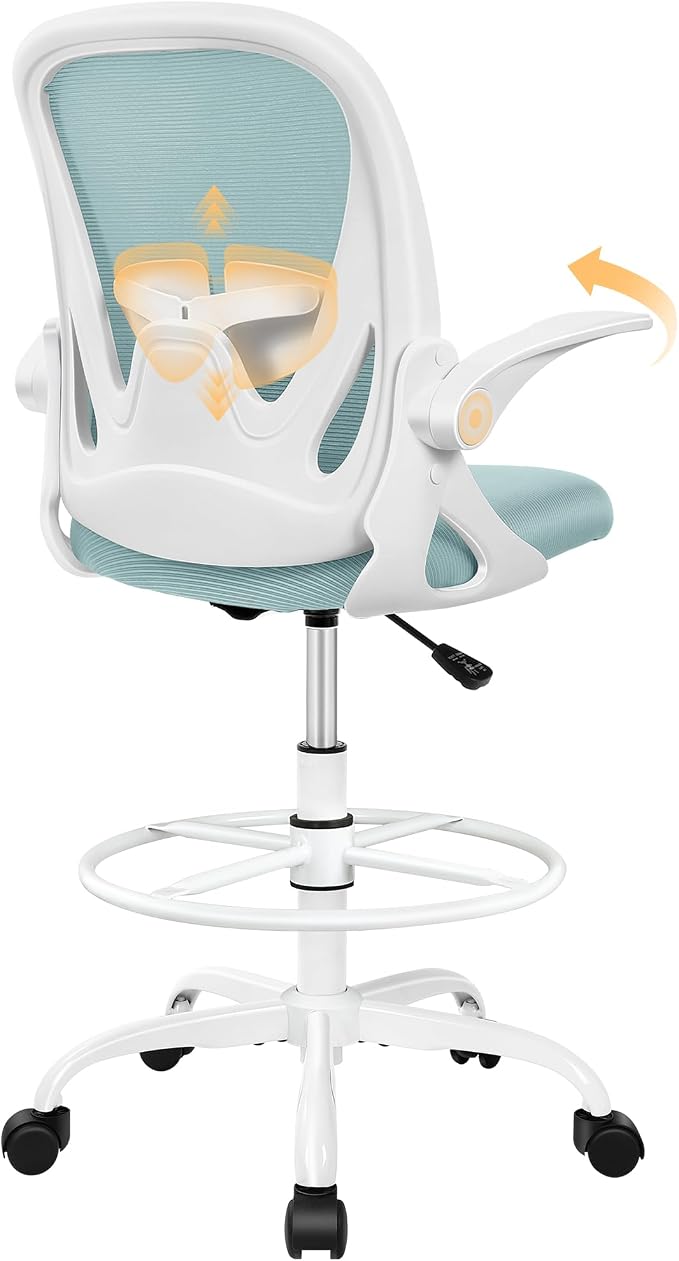 Drafting Chair Tall Office Chair with Flip-up Armrests Executive Ergonomic Computer Standing Desk Chair with Lumbar Support and Adjustable Footrest Ring（Light Blue）