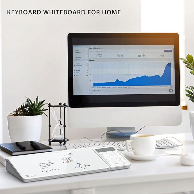 TOWON Glass Desk Whiteboard with Calculator 18x6 in, Desk Organizer, White | Desktop whiteboard with 12-digit LCD calculator. Storage for office, home, school. Glass dry erase with accessories.